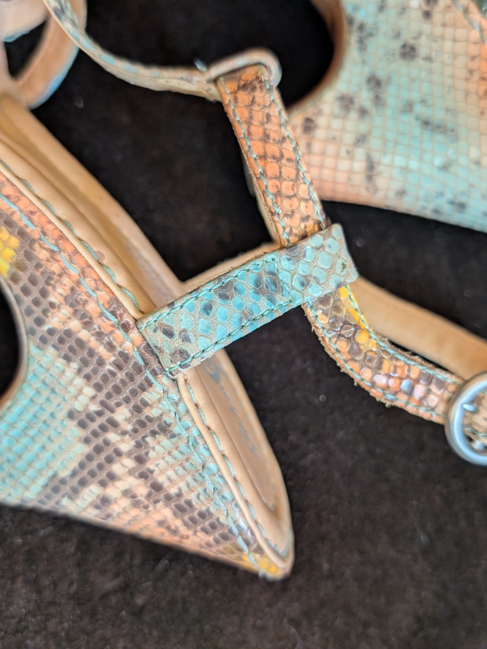 Born Turquoise Orange Snakeskin T-Strap Block Heel Sandals - Picture 2 of 6